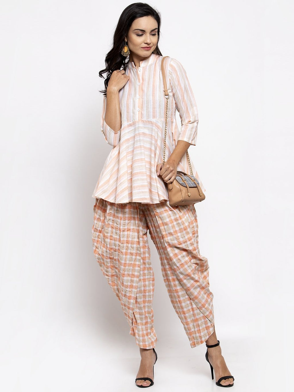 Jompers Women Orange and White Striped Kurta with Dhoti Pants - Distacart