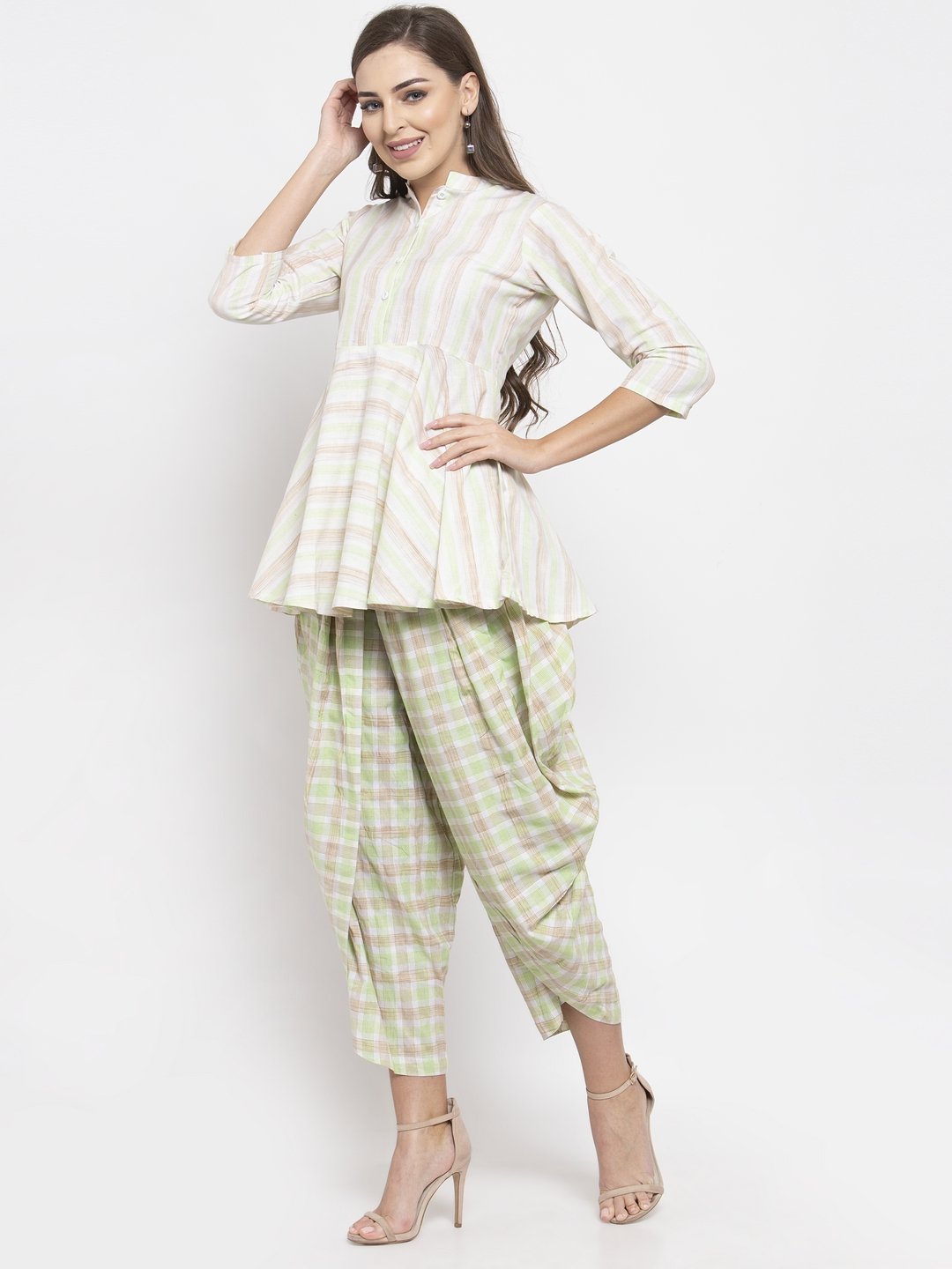 Jompers Women Green and White Striped Kurta with Dhoti Pants - Distacart