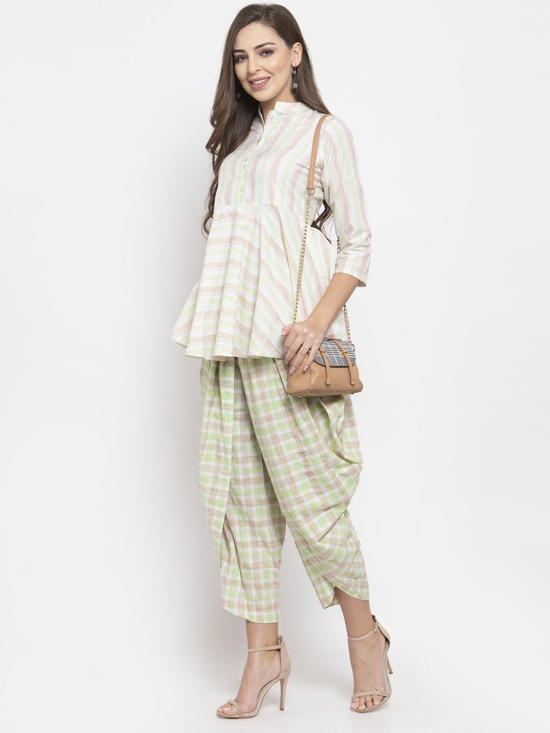 Jompers Women Green and White Striped Kurta with Dhoti Pants - Distacart