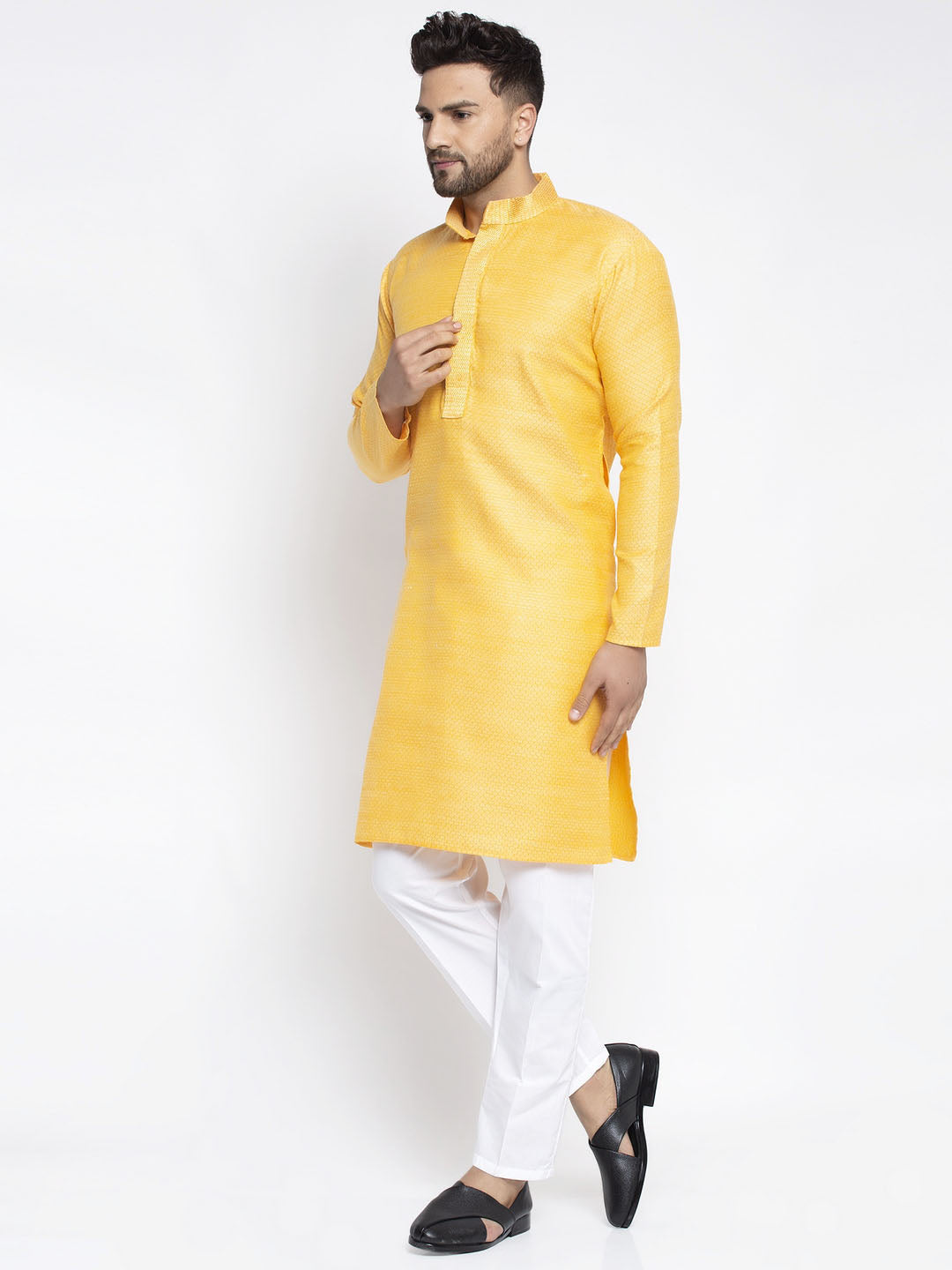 Jompers Men's Yellow Woven Kurta Only