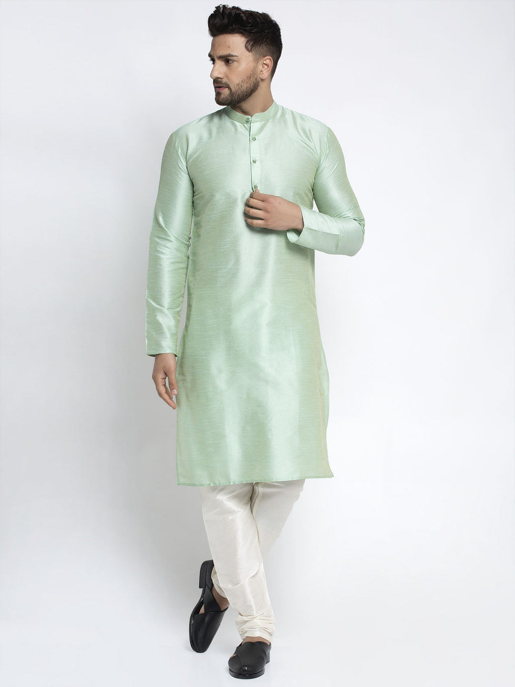 Jompers Men's Green Solid Dupion Silk Kurta Only