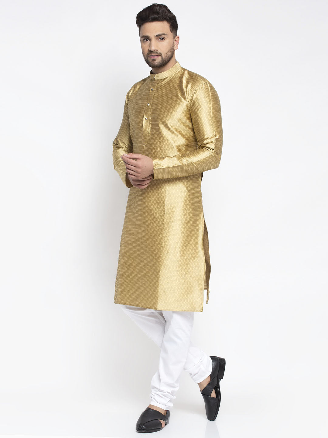Jompers Men Mustard & White Woven Design Kurta with Pyjamas - Distacart