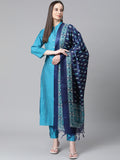Jompers Women Blue & Green Self-Striped Kurta with Trousers & Printed Art Silk Dupatta - Distacart