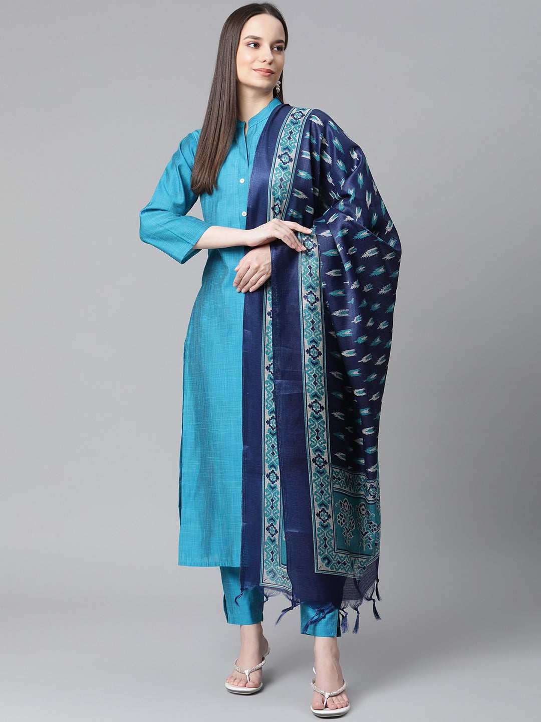 Jompers Women Blue & Green Self-Striped Kurta with Trousers & Printed Art Silk Dupatta - Distacart
