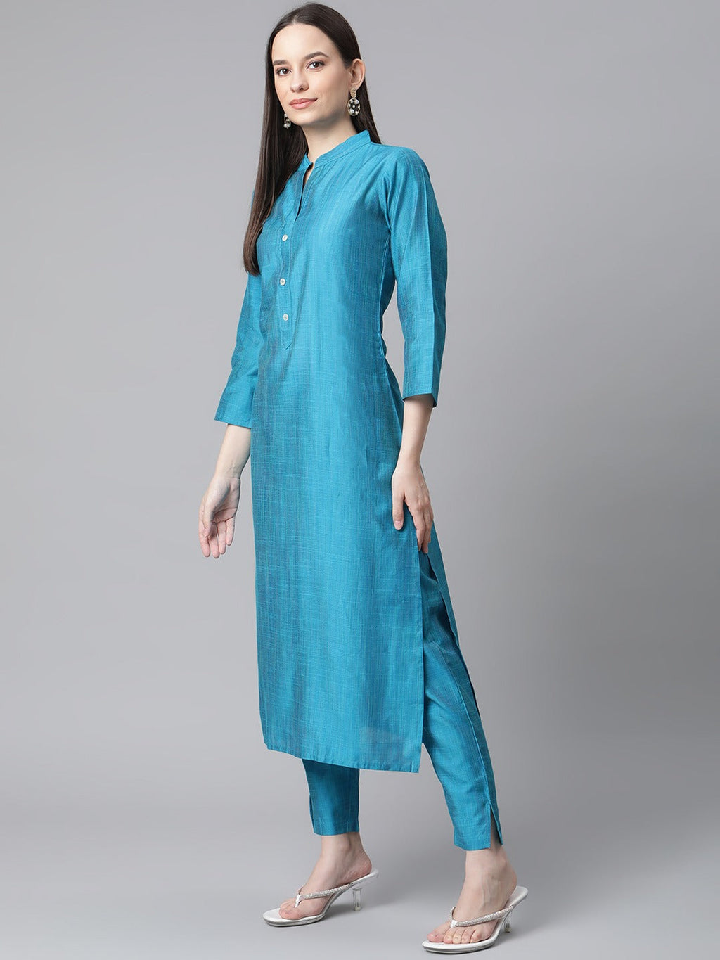 Jompers Women Blue & Green Self-Striped Kurta with Trousers & Printed Art Silk Dupatta - Distacart