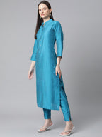 Jompers Women Blue & Green Self-Striped Kurta with Trousers & Printed Art Silk Dupatta - Distacart