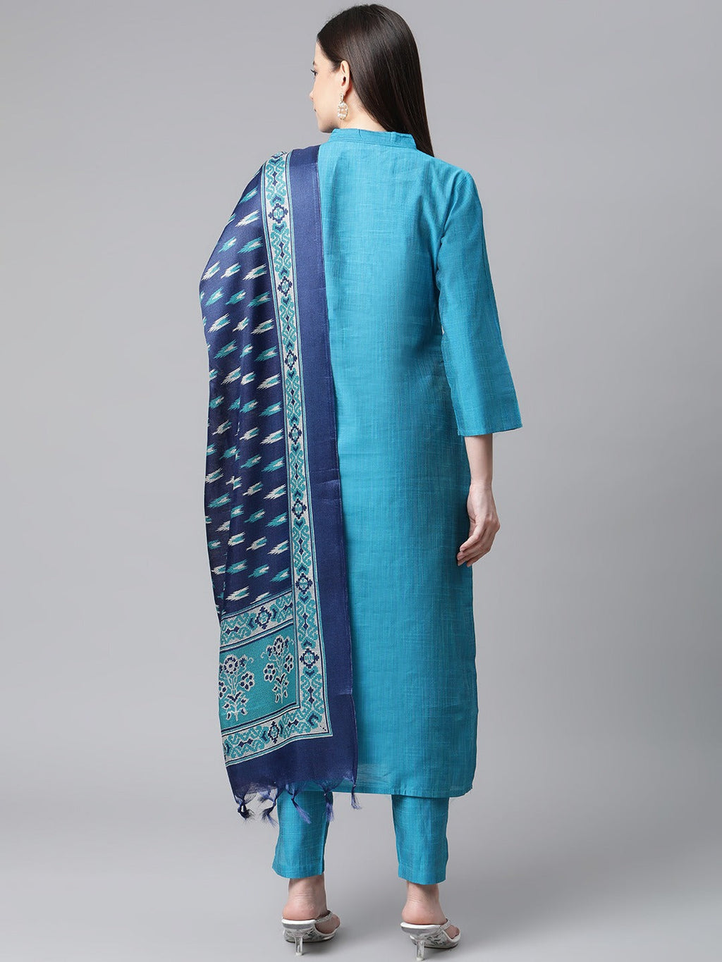 Jompers Women Blue & Green Self-Striped Kurta with Trousers & Printed Art Silk Dupatta - Distacart