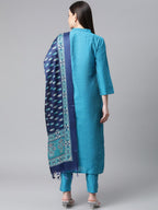 Jompers Women Blue & Green Self-Striped Kurta with Trousers & Printed Art Silk Dupatta - Distacart