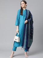 Jompers Women Blue & Green Self-Striped Kurta with Trousers & Printed Art Silk Dupatta - Distacart