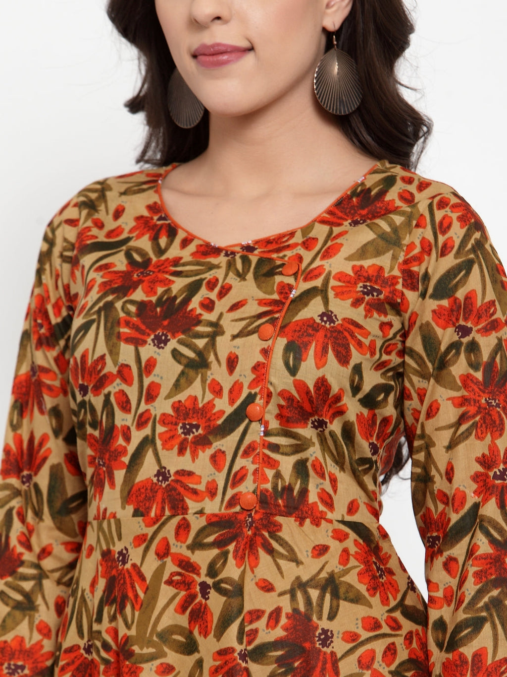 Jompers Women Brown & Green Floral Print Angrakha A-Line Kurta - Distacart