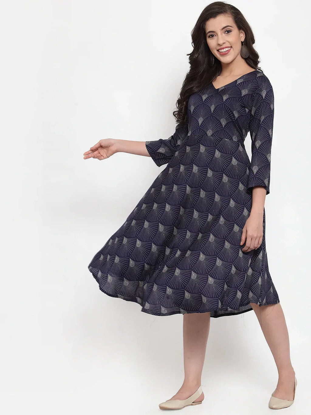 Jompers Women's Navy Blue Printed Fit and Flare Ethnic Dress - Distacart