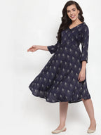 Jompers Women's Navy Blue Printed Fit and Flare Ethnic Dress - Distacart