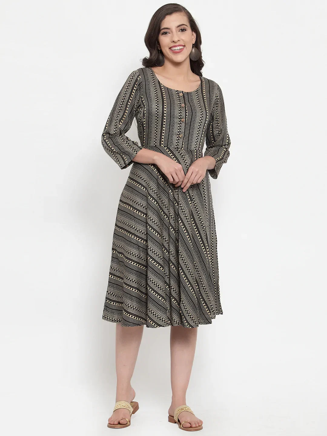 Jompers Women's Black Printed Fit and Flare Ethnic Dress - Distacart