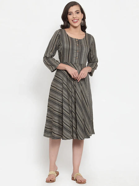 Jompers Women's Black Printed Fit and Flare Ethnic Dress