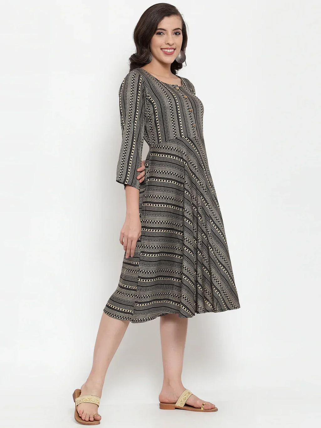 Jompers Women's Black Printed Fit and Flare Ethnic Dress - Distacart