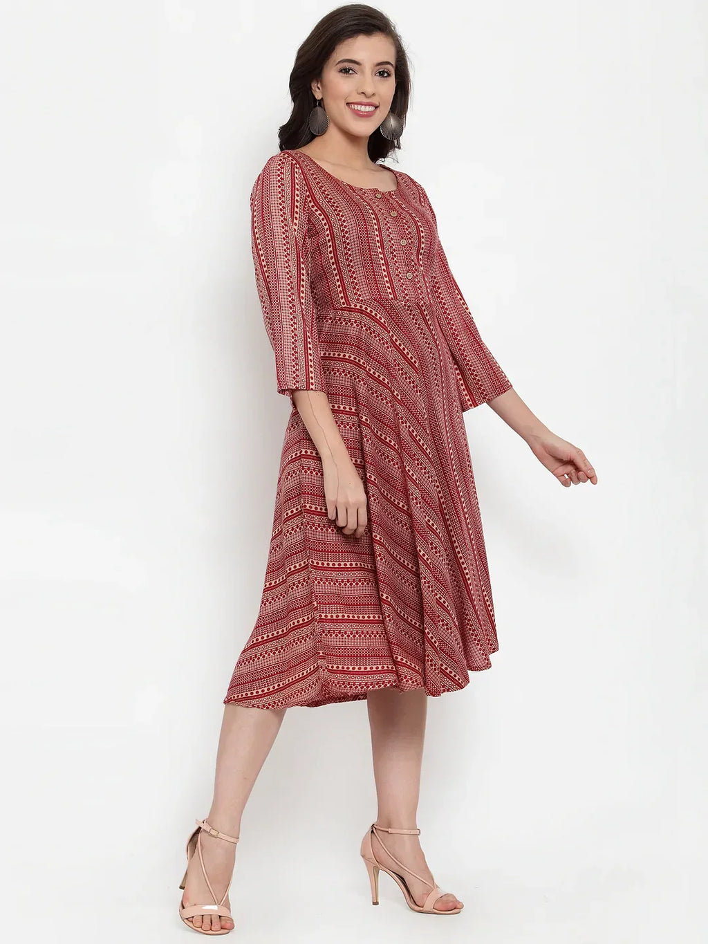 Jompers Women's Maroon Printed Fit and Flare Ethnic Dress - Distacart