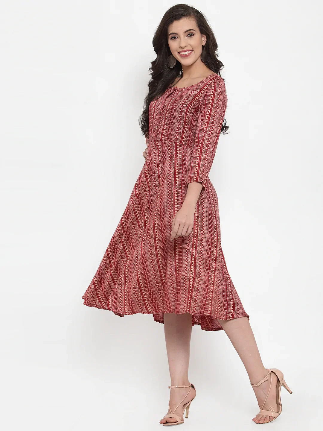 Jompers Women's Maroon Printed Fit and Flare Ethnic Dress - Distacart
