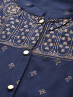 Jompers Women Navy Blue & Golden Block Print Straight Kurta - Distacart