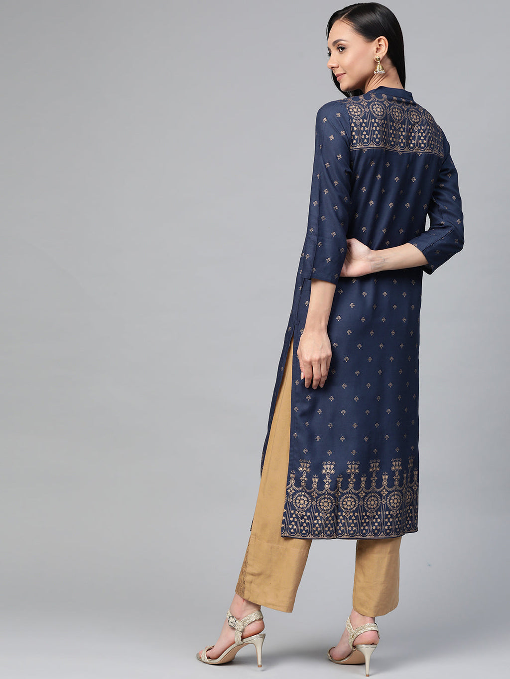 Jompers Women Navy Blue & Golden Block Print Straight Kurta - Distacart