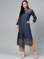 Jompers Women Navy Blue & Golden Block Print Straight Kurta - Distacart