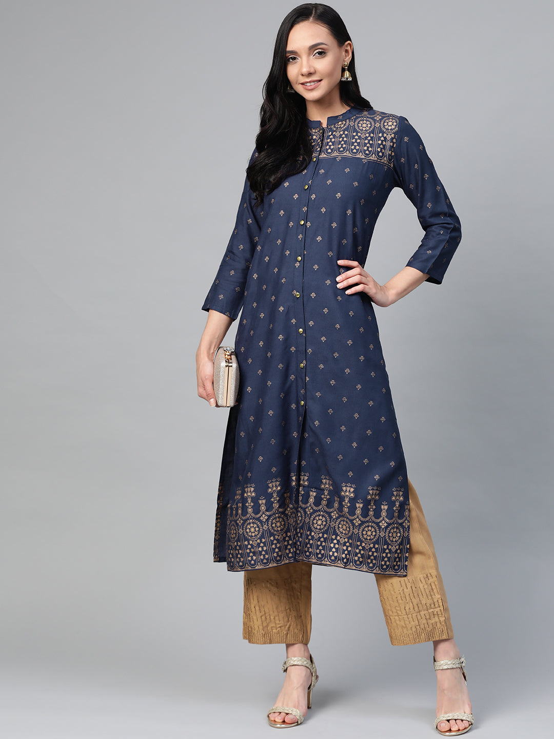 Jompers Women Navy Blue & Golden Block Print Straight Kurta - Distacart