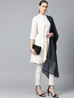Jompers Women Off-White & Navy Blue Solid Kurta with Trousers & Dupatta - Distacart