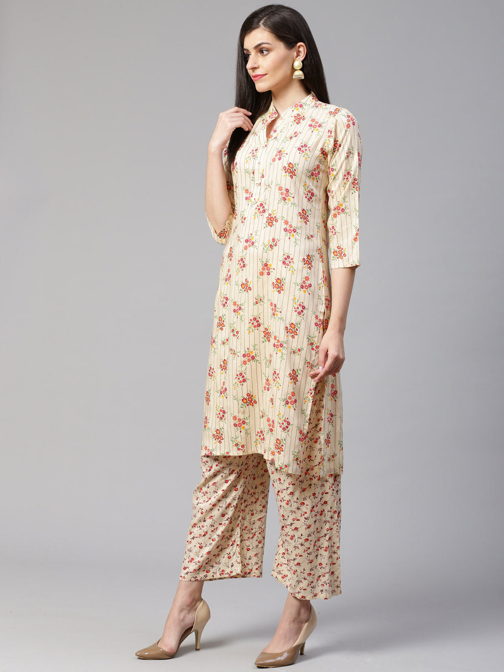 Jompers Women Cream-Coloured & Red Floral Print Kurta with Palazzos - Distacart