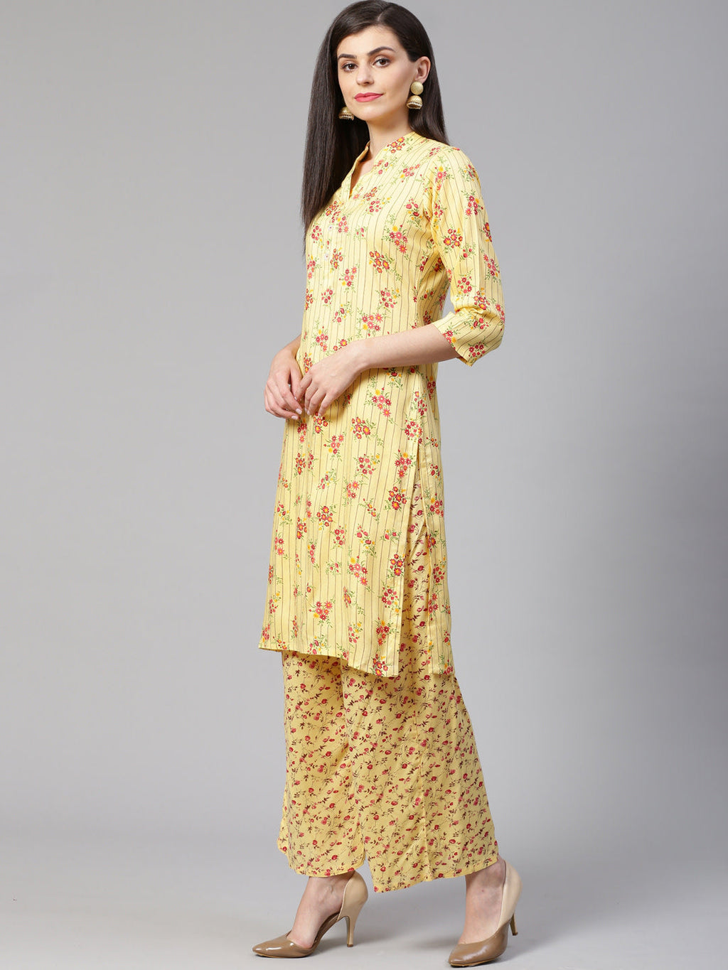 Jompers Women Yellow-Coloured & Red Floral Print Kurta with Palazzos - Distacart