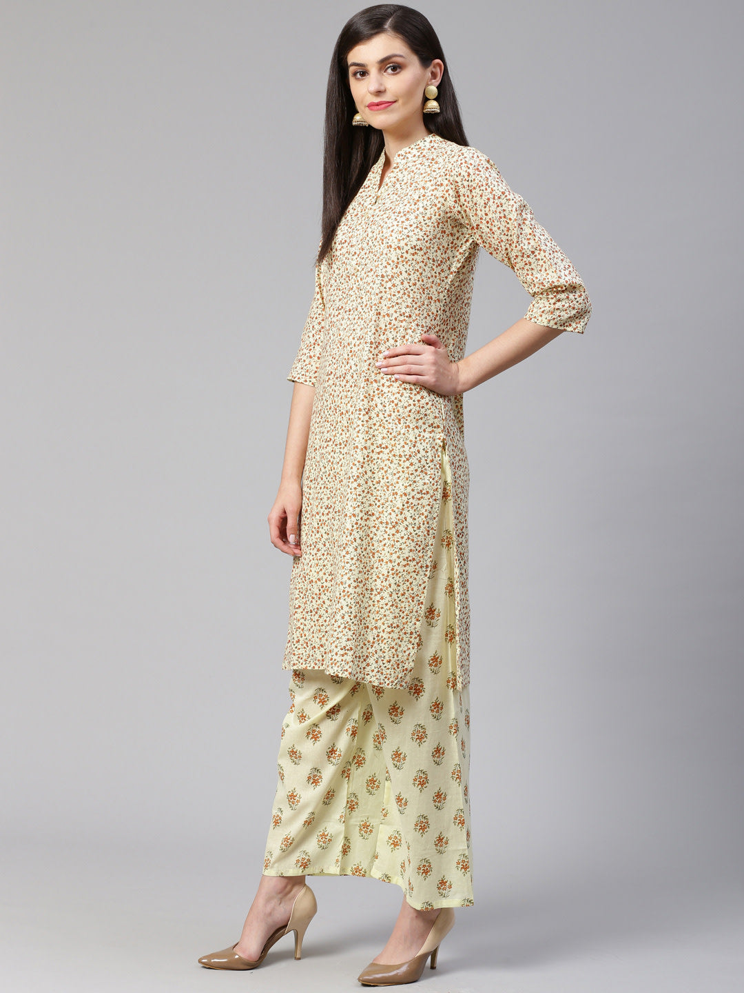Jompers Women Yellow Floral Printed Kurta with Palazzos - Distacart