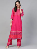 Jompers Women's Pink & Golden Yoke Design Kurta with Palazzos