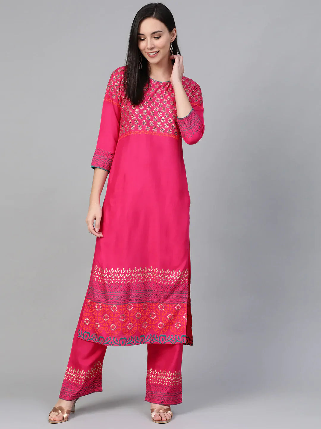Jompers Women's Pink & Golden Yoke Design Kurta with Palazzos