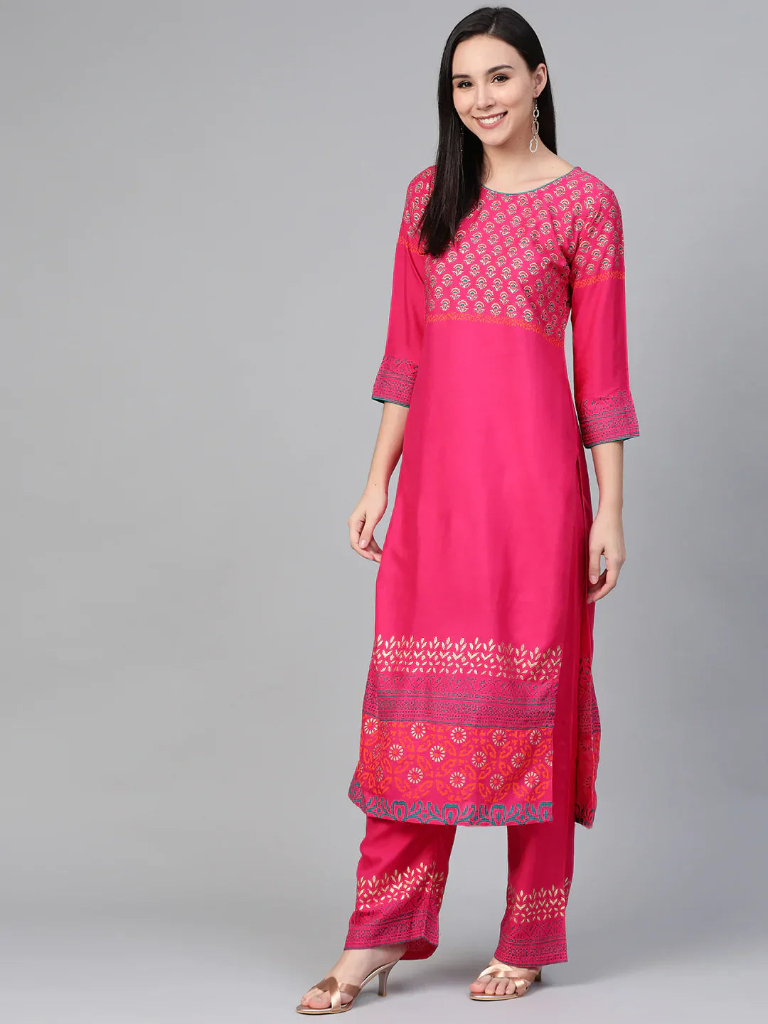 Jompers Women's Pink & Golden Yoke Design Kurta with Palazzos