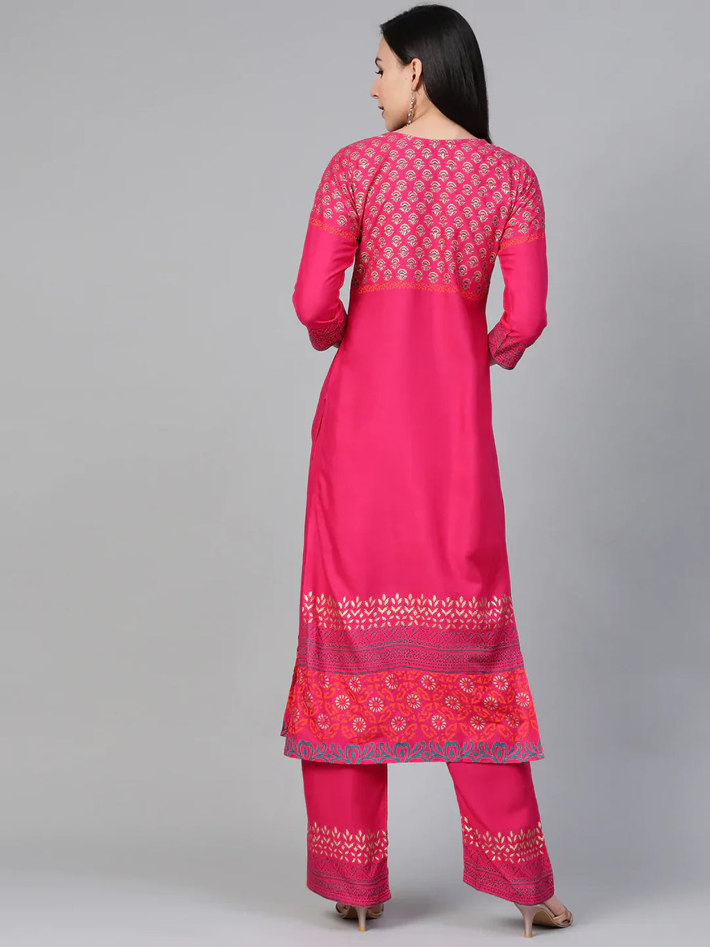 Jompers Women's Pink & Golden Yoke Design Kurta with Palazzos