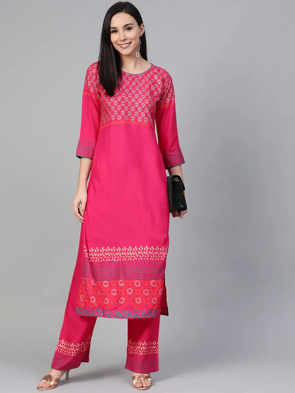 Jompers Women's Pink & Golden Yoke Design Kurta with Palazzos