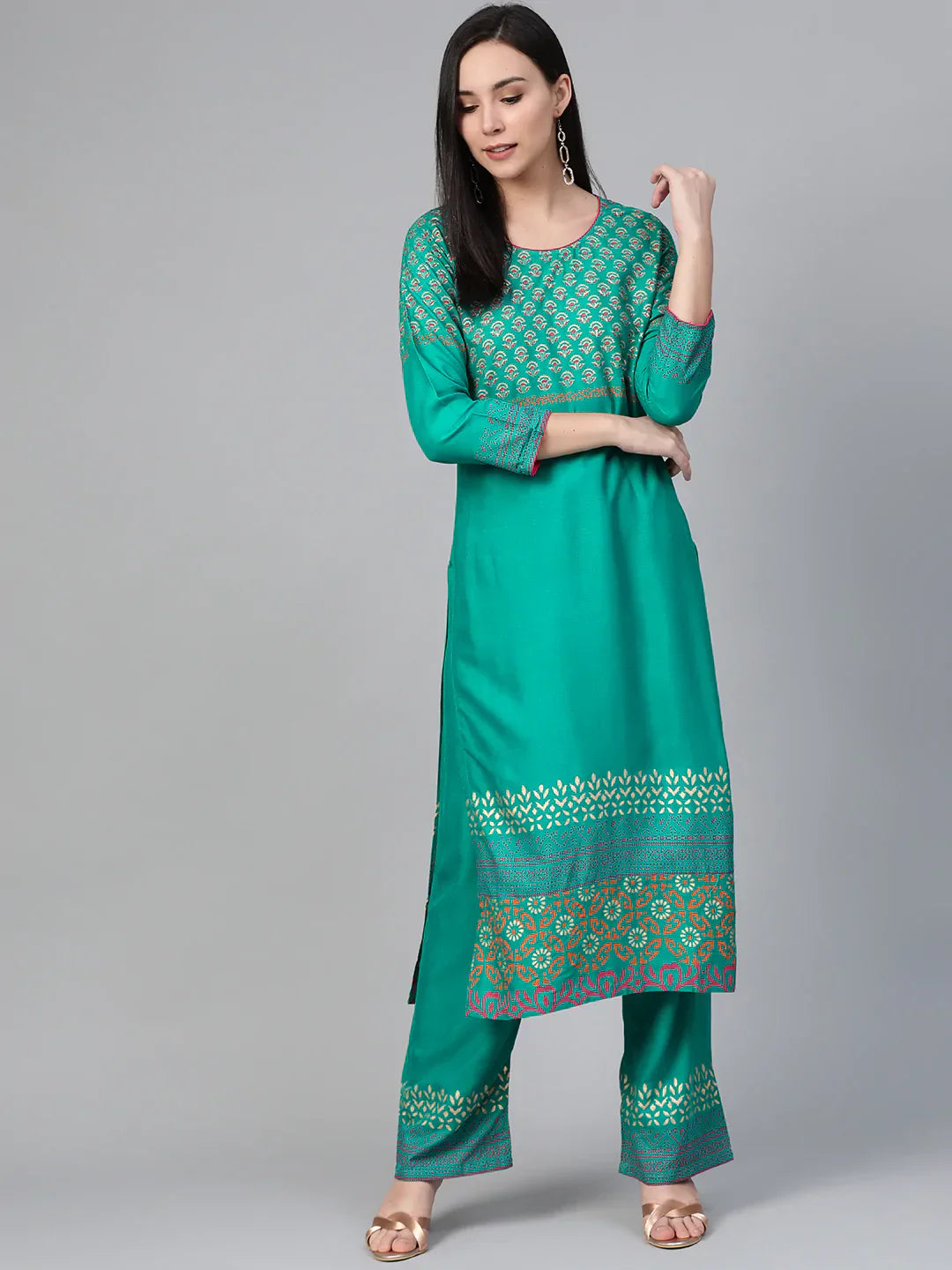 Jompers Women's Rama-Green & Golden Yoke Design Kurta with Palazzos