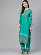 Jompers Women's Rama-Green & Golden Yoke Design Kurta with Palazzos