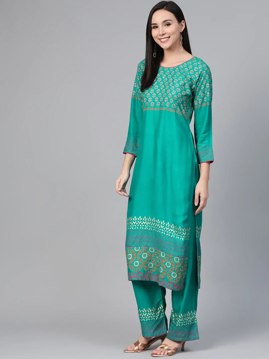 Jompers Women's Rama-Green & Golden Yoke Design Kurta with Palazzos