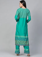 Jompers Women's Rama-Green & Golden Yoke Design Kurta with Palazzos