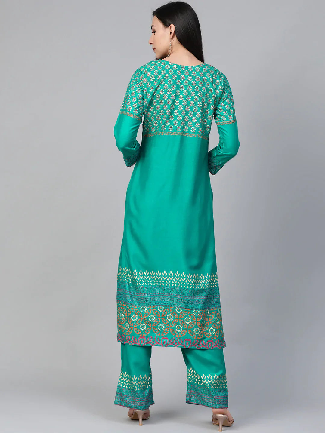 Jompers Women's Rama-Green & Golden Yoke Design Kurta with Palazzos