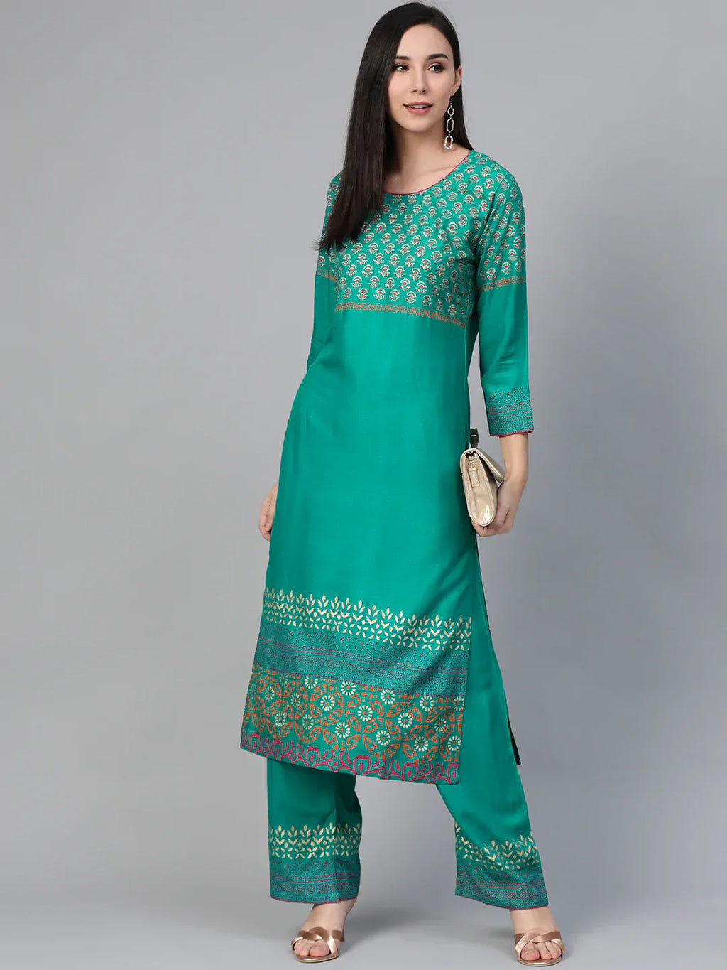 Jompers Women's Rama-Green & Golden Yoke Design Kurta with Palazzos