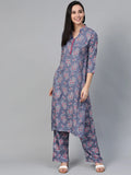 Jompers Women's Grey & Pink Block Printed Kurta with Palazzos