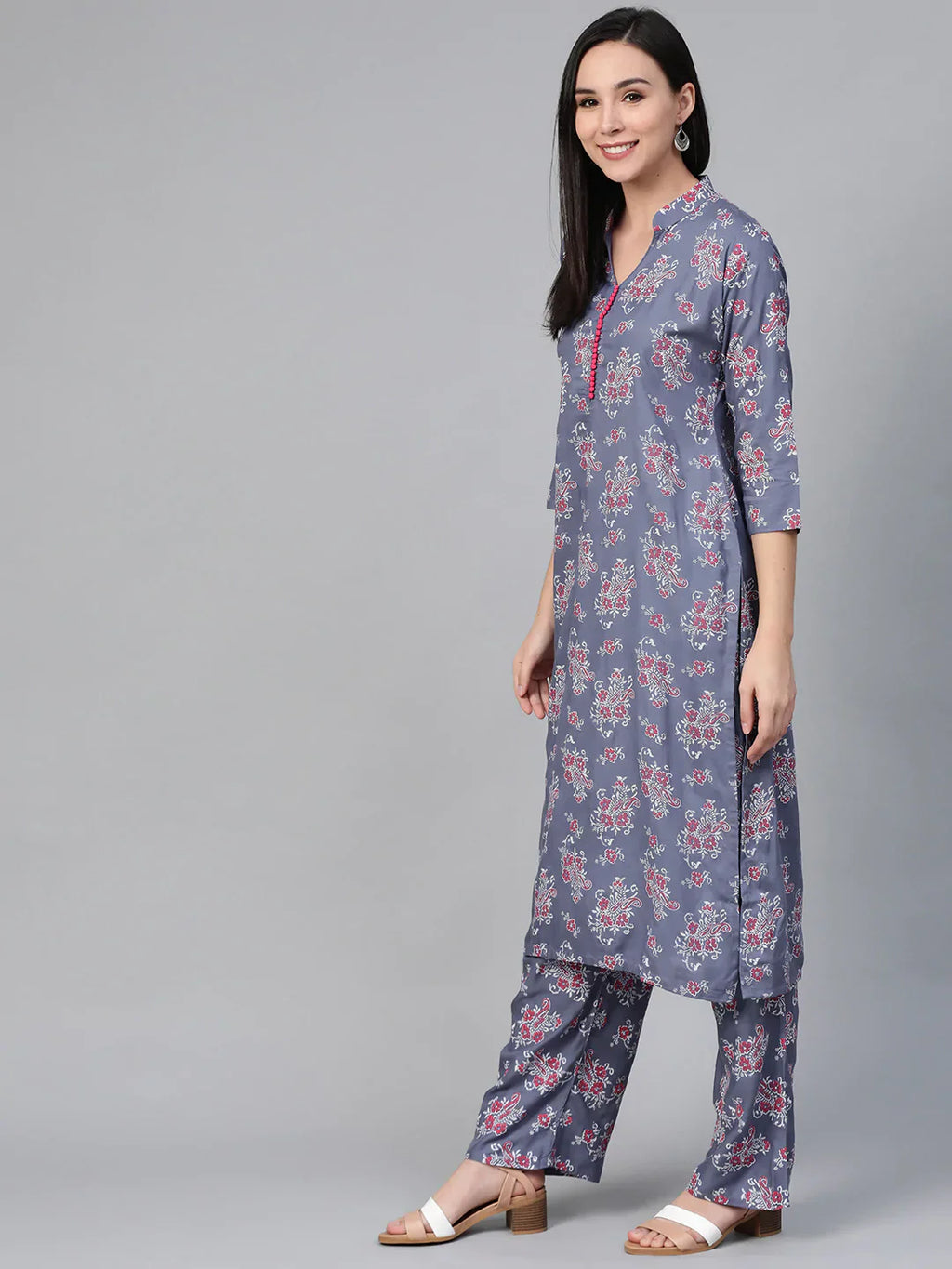Jompers Women's Grey & Pink Block Printed Kurta with Palazzos