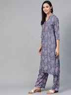 Jompers Women's Grey & Pink Block Printed Kurta with Palazzos