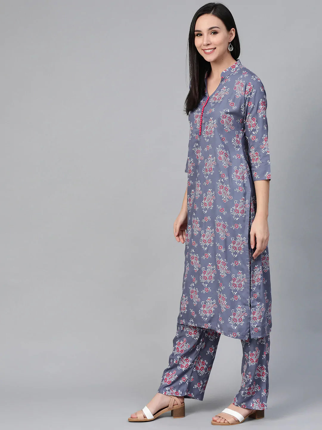 Jompers Women's Grey & Pink Block Printed Kurta with Palazzos