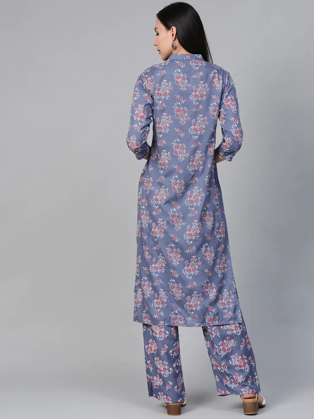 Jompers Women's Grey & Pink Block Printed Kurta with Palazzos