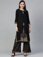 Jompers Women's Black & Golden Block Printed Kurta with Palazzos