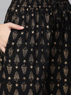 Jompers Women's Black & Golden Block Printed Kurta with Palazzos