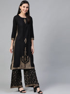 Jompers Women's Black & Golden Block Printed Kurta with Palazzos