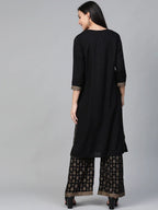 Jompers Women's Black & Golden Block Printed Kurta with Palazzos