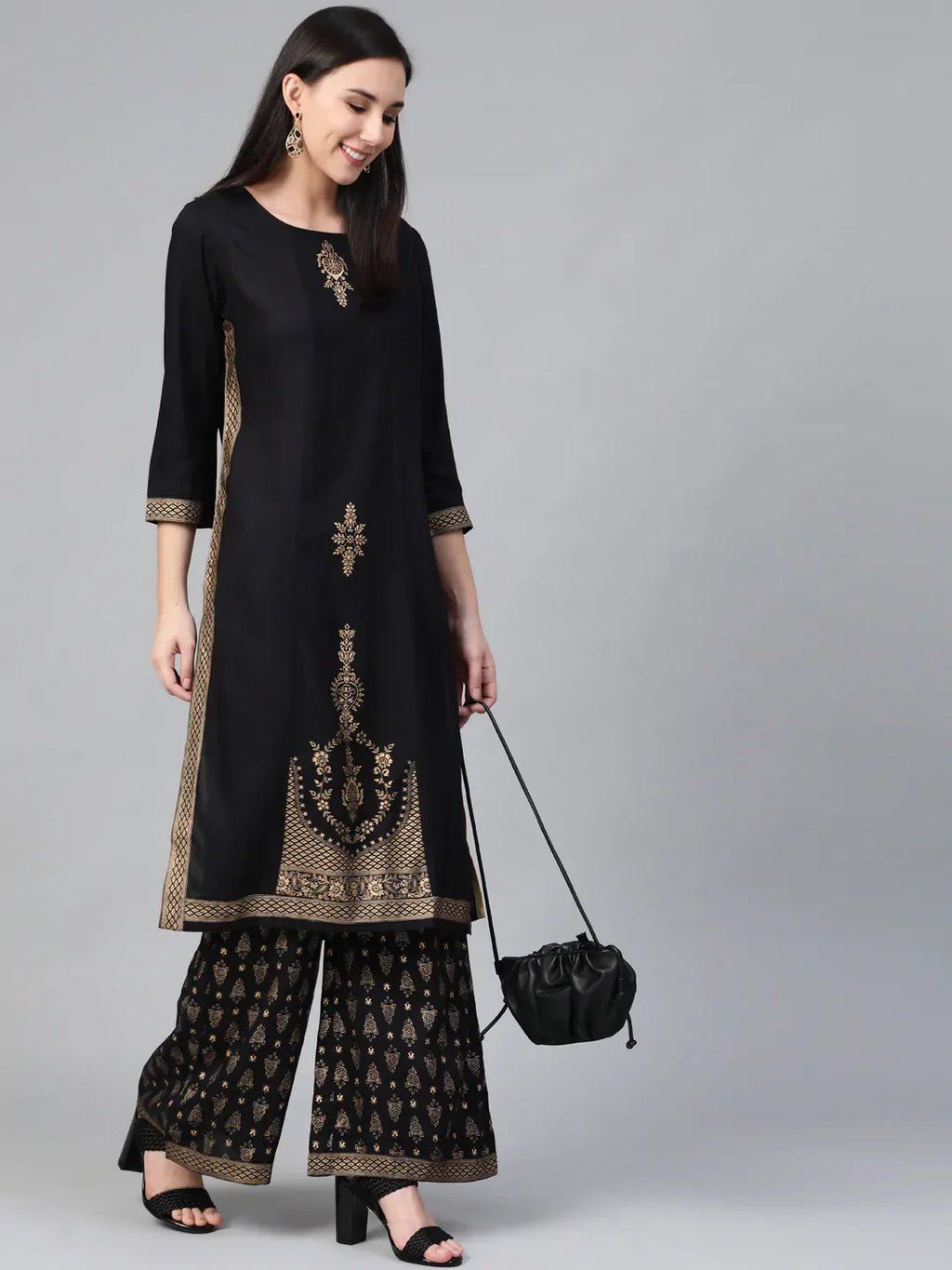Jompers Women's Black & Golden Block Printed Kurta with Palazzos